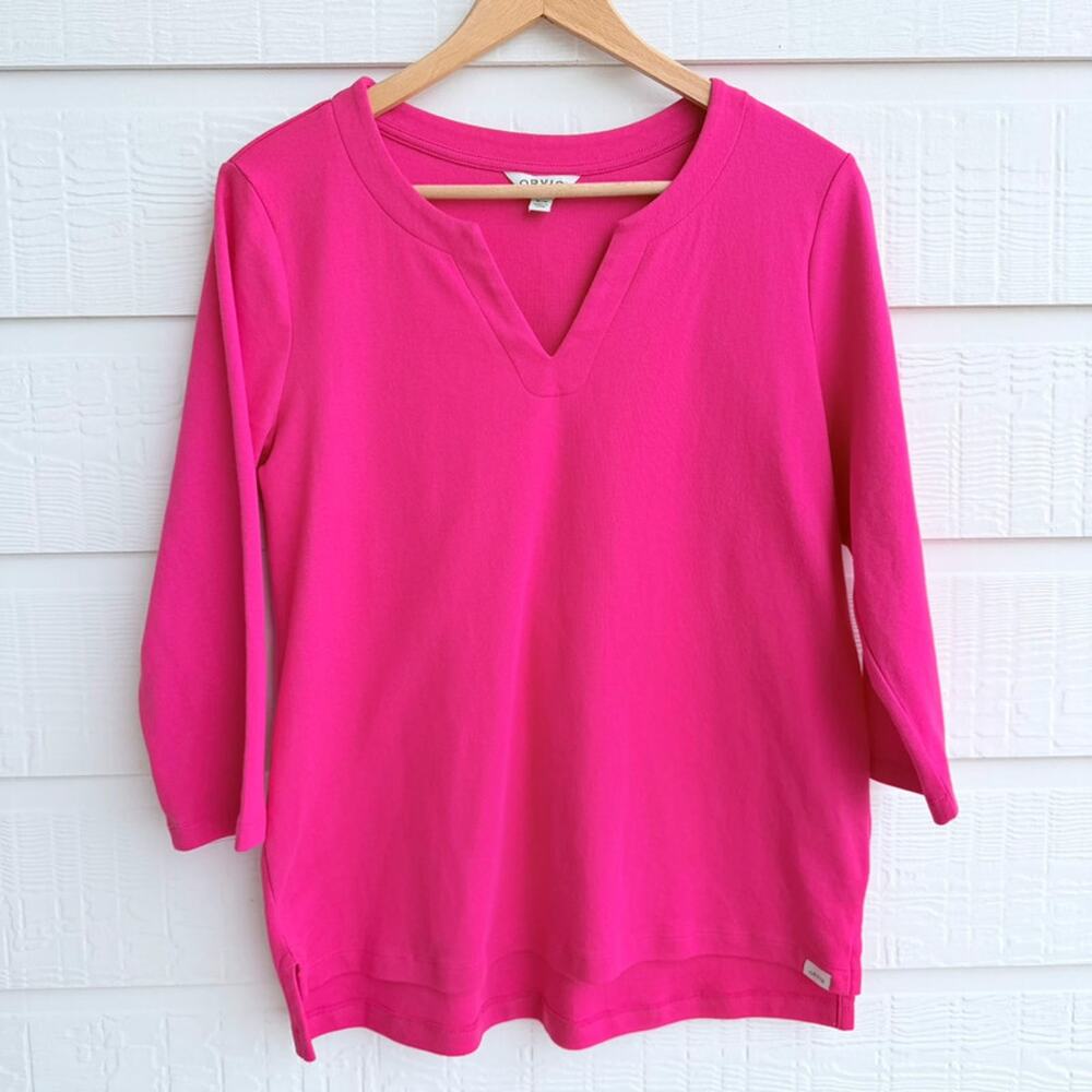 Orvis Pink Pima Cotton V Neck Top Women’s Medium 3/4 Sleeve Hi Low Tunic